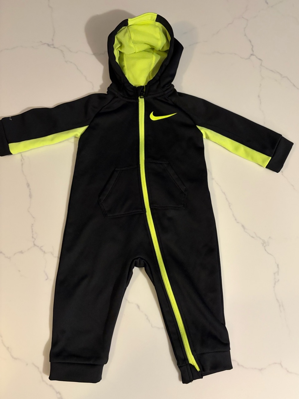 NIKE Baby's 12 mo. Fleece Therma Hooded Coverall  Black/Neon Green was $40.00